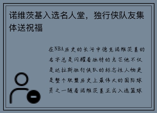 诺维茨基入选名人堂，独行侠队友集体送祝福
