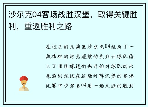 沙尔克04客场战胜汉堡，取得关键胜利，重返胜利之路